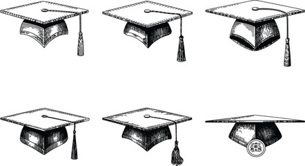 Graduation cap vector set, hand drawn sketch academic hats with tassels for university student degree, education