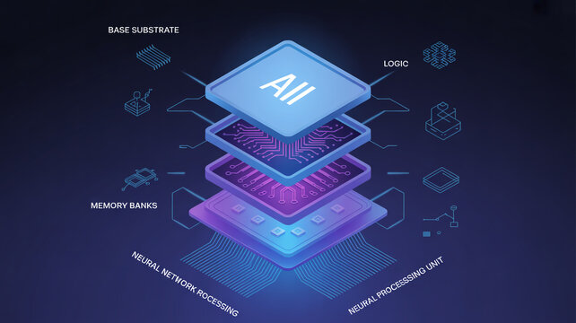 Exploded view of AI chip layers showing neural network processing and memory banks artificial intelligence