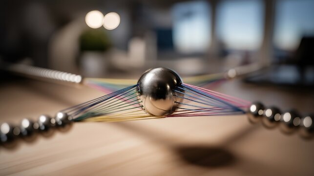Lagrange point stability demonstration using suspended ball bearing arrangement, gravitational equilibrium zones marked with colored string triangulation, physics education laboratory setup, ideal