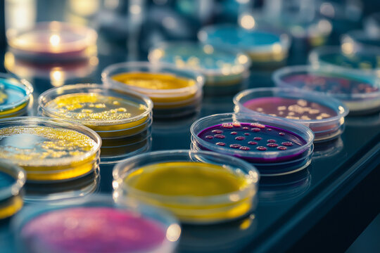 Variety of bacterial colonies and fungal cultures cultivated in multiple petri dishes within a sterile laboratory environment for microbiology research