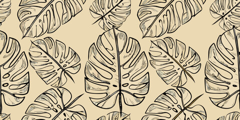 Monstera leaf pattern with delicate lines on a beige background © SreemotiRaba