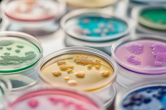 Variety of bacterial colonies and fungal cultures cultivated in multiple petri dishes within a sterile laboratory environment for microbiology research