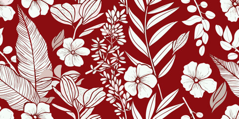 Elegant floral pattern with white blossoms and lush green foliage on red © SreemotiRaba
