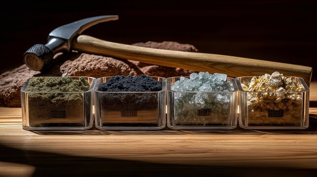 Lunar regolith simulant samples in transparent containers, varying grain sizes labeled with collection site coordinates, geology hammer and measurement tools nearby, perfect for Moon research