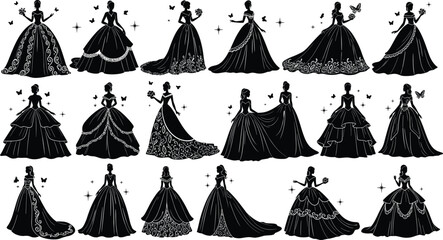 Elegant bridal dress silhouette collection with beautiful princess gowns wedding fashion set and butterfly elements isolated on white background vector © Niheranjan