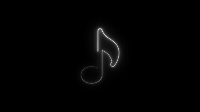 Neon music icon animation. neon glowing single musical note icon on black background, 4k video