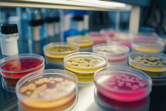 Variety of bacterial colonies and fungal cultures cultivated in multiple petri dishes within a sterile laboratory environment for microbiology research