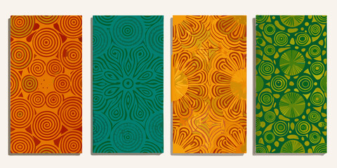Four vibrant rectangular panels displaying intricate colorful patterned designs © SreemotiRaba