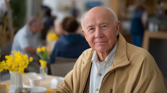 Widowed man joins senior center social club meeting new people over refreshments in welcoming community space with spring decorations, perfect for loneliness solutions, peer connection keywords,