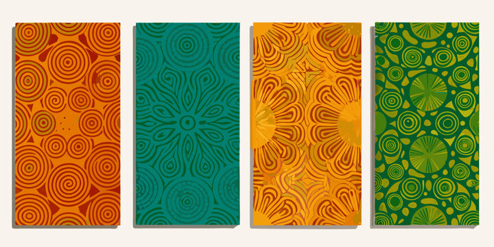 Four vibrant rectangular panels displaying intricate colorful patterned designs