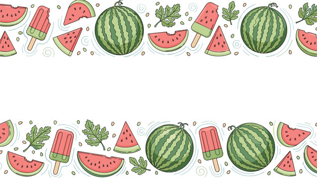 Refreshing horizontal border design featuring whole and sliced watermelons, watermelon popsicles, and seeds, perfect for summer themes.