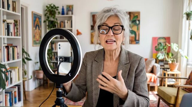 Older woman gesturing during video recording in home study. Expressive online presentation with ring light setup. Digital content creation and virtual communication concept.