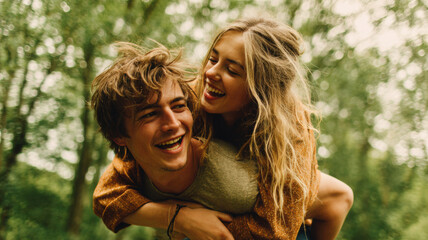 Fototapeta premium Lovely couple romantic moment. A man and woman laughing joyfully in a forest, their faces lit up with laughter. The man carries the woman on his back.