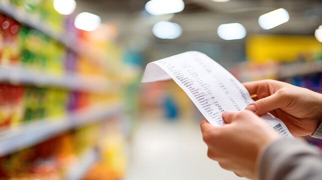 Person holds paper receipt in a vibrant grocery store aisle, checking expenses or shopping list with blurred shelves of colorful products