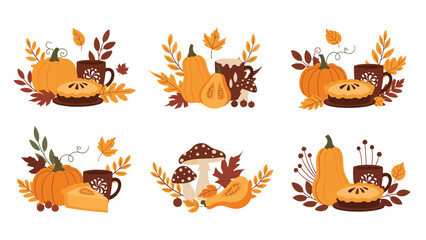 Obraz premium Charming collection of autumn harvest compositions, featuring pumpkins, squash, pie slices, mushrooms, and fall leaves, in warm seasonal colors.