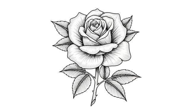 A detailed black and white line drawing of a single rose