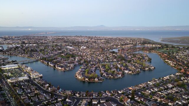 Foster City California - Aerial View of Waterfront Homes at Sunset