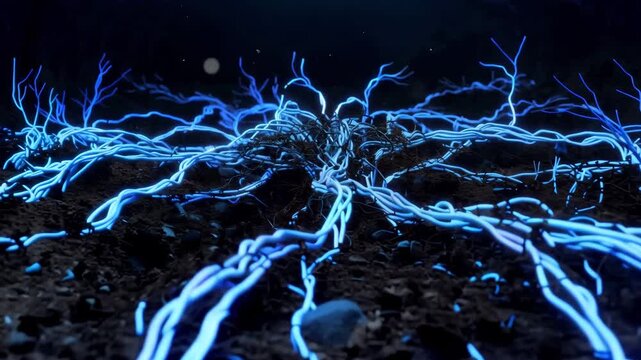 Glowing network cables tangled like roots under dark soil cross section technology nature concept, 4K, variation scene 2