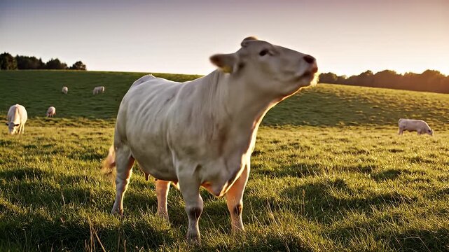 Cows Grazing in Green Pasture Field.