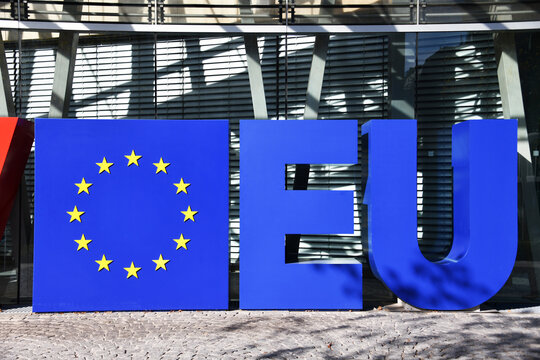 Berlin, Germany - September 30, 2024: EU sign in front of the state representation of North Rhine-Westphalia in Berlin, Germany