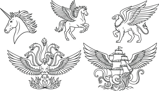 Medieval sea creatures, mythical creatures legendary beasts such as a unicorn, a flying Pegasus, and a griffin. 