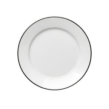 A white plate with a silver rim sitting on a white surface