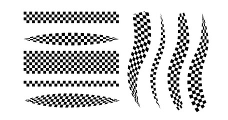 Race flag lines. Black and white checker finish ribbon. Car race grid pattern. Rally border texture. Wavy checker lines. Chess graphic design element. Vector illustration isolated on white background.