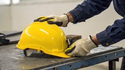 Fototapeta premium Worker placing yellow safety helmet on industrial metal table