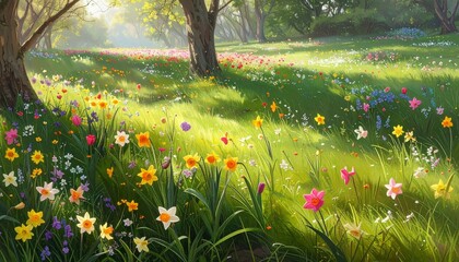 Fototapeta premium Vibrant spring meadow with blooming wildflowers in golden sunlight