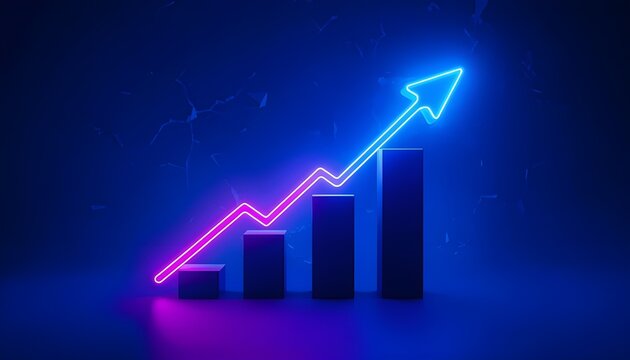 A neon-lit bar graph with an upward trend arrow in blue and pink hues