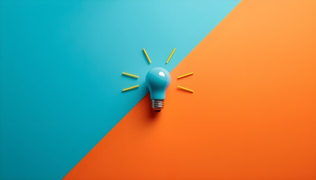 A bright blue lightbulb with yellow rays on a contrasting orange and blue background