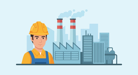 A construction worker stands before a factory landscape with smokestacks representing industrial labor silhouette high quality professional detailed modern elegant © GDMala02