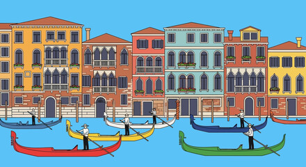 A vibrant venetian canal scene with gondolas and colorful buildings depicted in a striking flat silhouette high quality professional detailed modern © GDMala02