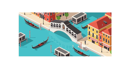 Isometric venice scene with canals gondolas and colorful buildings showcasing a distinctive silhouette high quality professional detailed modern elegant stylish clean © GDMala02