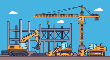 A vibrant illustration depicts a construction site with heavy machinery and a crane presented as a striking silhouette high quality professional © GDMala02