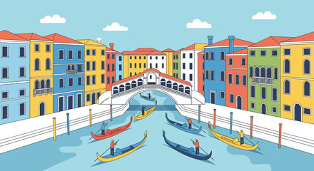A colorful illustration depicts venetian canals with gondolas and buildings showcasing a striking silhouette style high quality professional detailed modern elegant © GDMala02