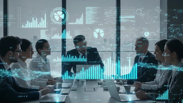 A group of businesspeople in a meeting with a futuristic digital interface overlay displaying various graphs and charts