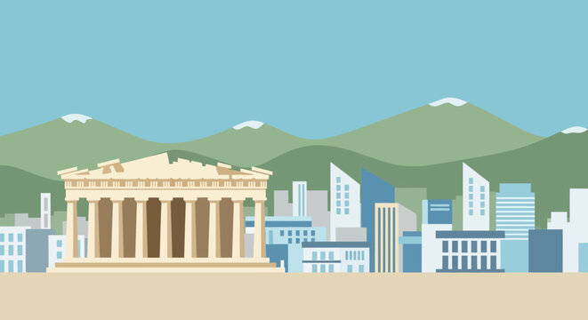 A serene landscape depicts ancient ruins alongside a modern cityscape presented in a striking silhouette high quality professional detailed elegant stylish