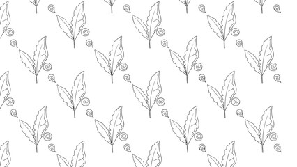 Naklejka premium Simple seamless pattern of small hand-drawn leaf pairs and dainty swirl accents repeated across a clean white background for subtle texture.