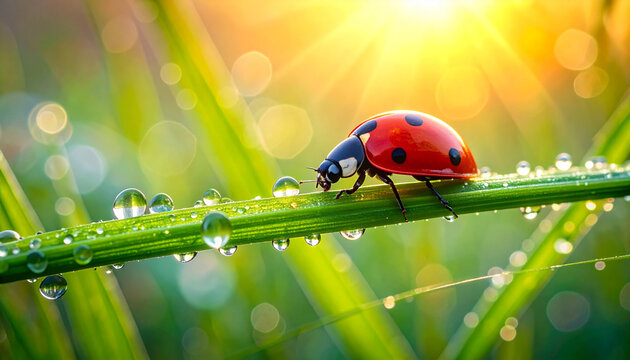 Ladybug perched on green stem with water droplets in bright sunlight