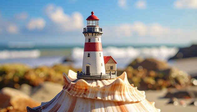Miniature lighthouse on seashell with ocean backdrop and blue sky