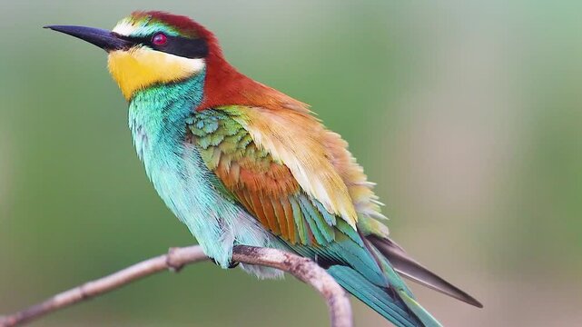 Colorful European bee-eater carefully preening its beautiful feathers on a branch