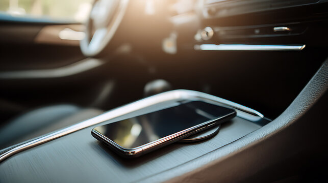 Smartphone wireless charge in car interior, modern automobile dashboard, technology for electric vehicles and mobile device connectivity