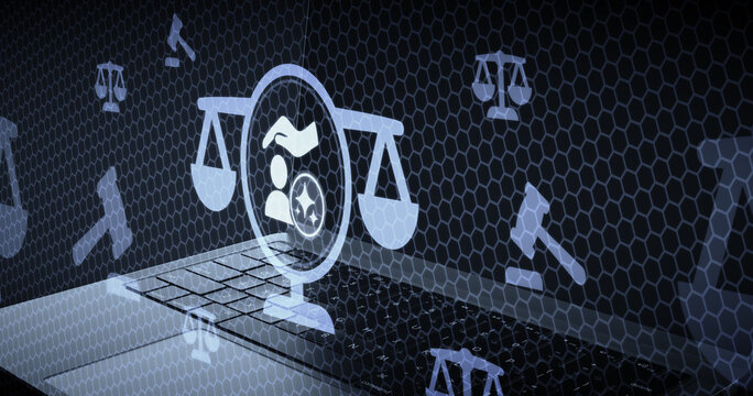 Justicia digital y mazo de juez con s&iacute;mbolos de inteligencia artificial y tecnolog&iacute;a