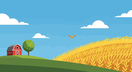 A vibrant rural landscape depicts a farm with a red barn golden wheat fields and a bird in flight silhouette © GDMala02