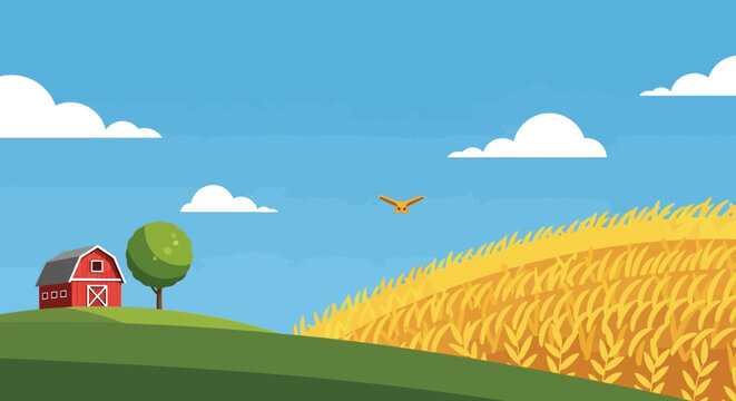 A vibrant rural landscape depicts a farm with a red barn golden wheat fields and a bird in flight silhouette