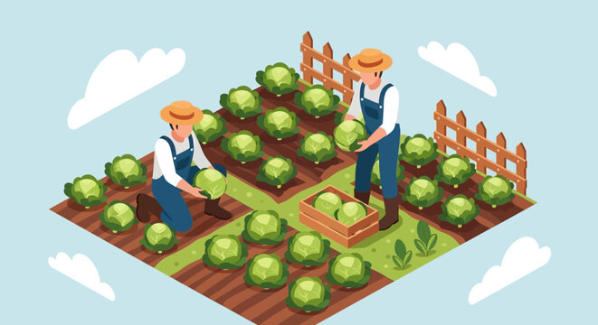 An isometric illustration displays two farmers tending to a vibrant cabbage patch under a bright sky silhouette high quality professional detailed