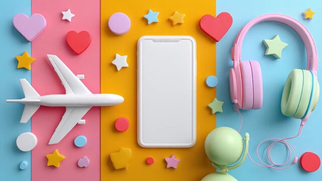 Colorful composition of airplane smartphone headphones and decorative elements