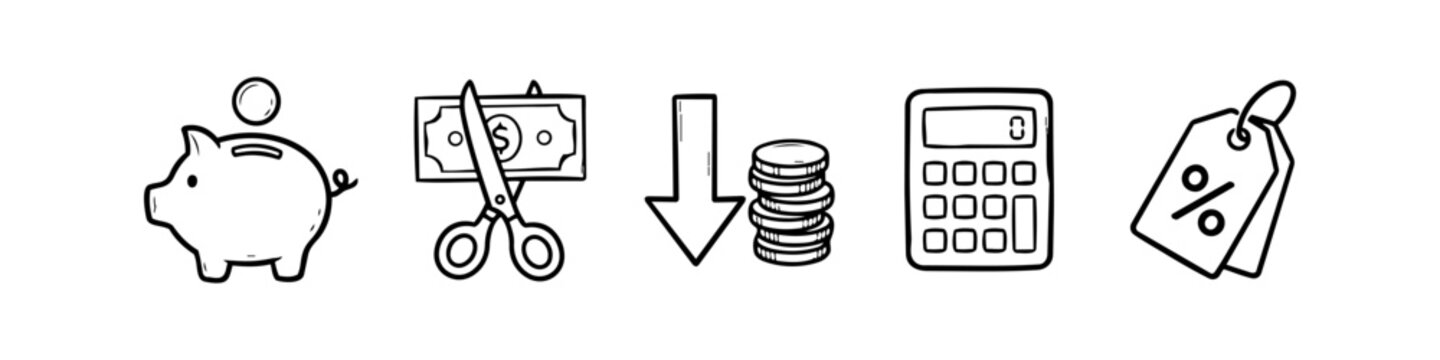 Set of hand-drawn finance and savings icons including a piggy bank, budget cutting scissors, price drop arrow, calculator, and discount tags. Minimalist black and white sketch style.