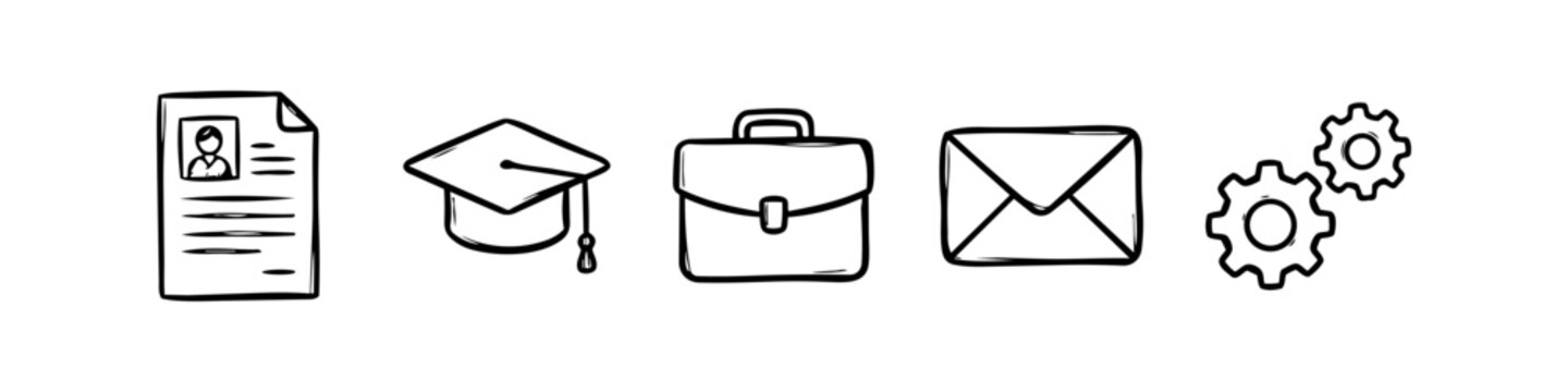 Set of hand-drawn career and education icons including resume, graduation cap, briefcase, envelope, and gears. Black and white doodle style for business and professional concepts.